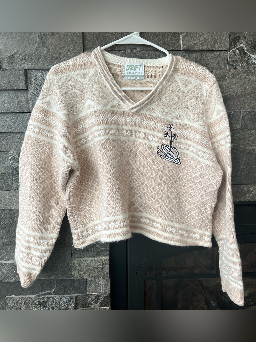 Drift Collective Upcycled Cropped Sweater with Skeleton Hand Embroidery